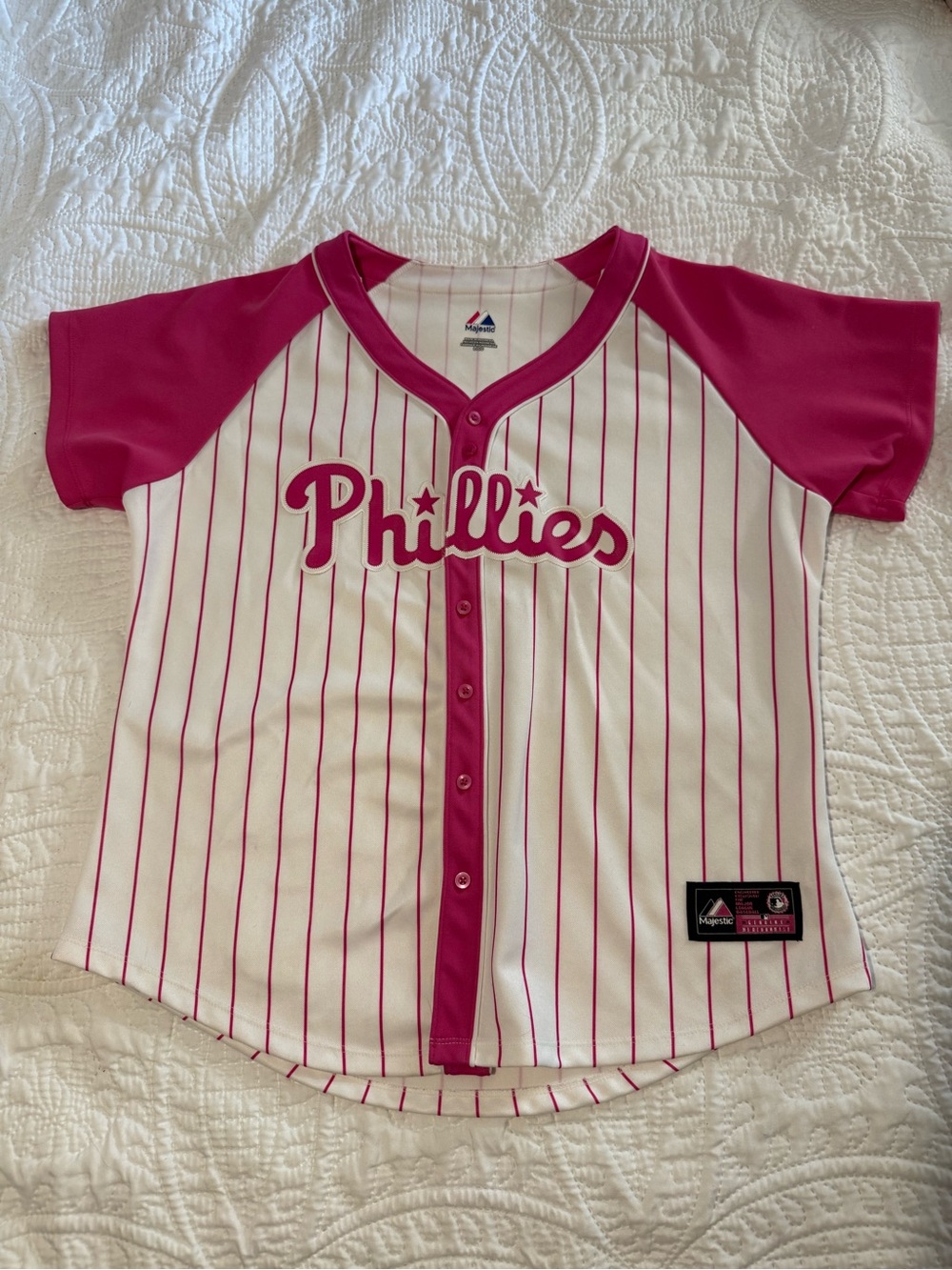 Majestic Phillies Women’s Pink & White Pinstripe Jersey